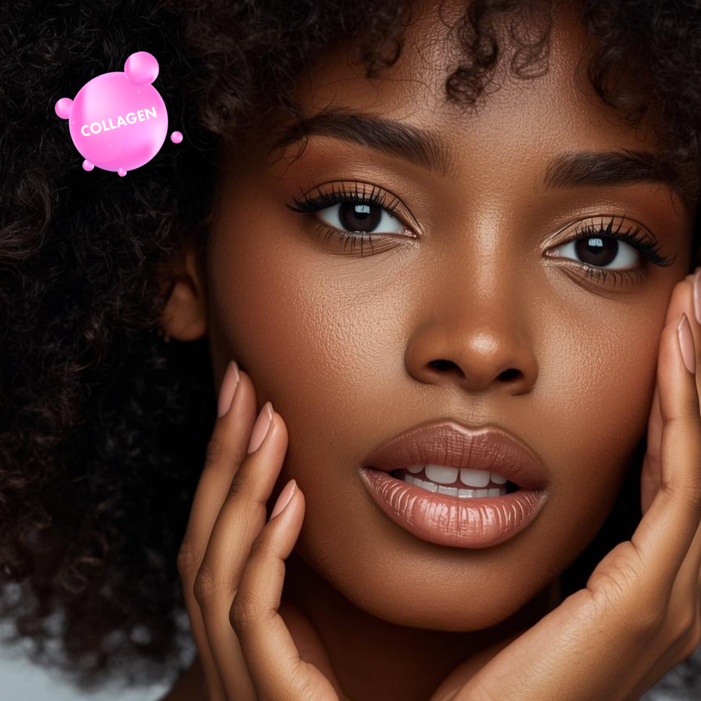 Close-up of a woman with glowing skin and healthy hair and nails, showing the beauty benefits of collagen.