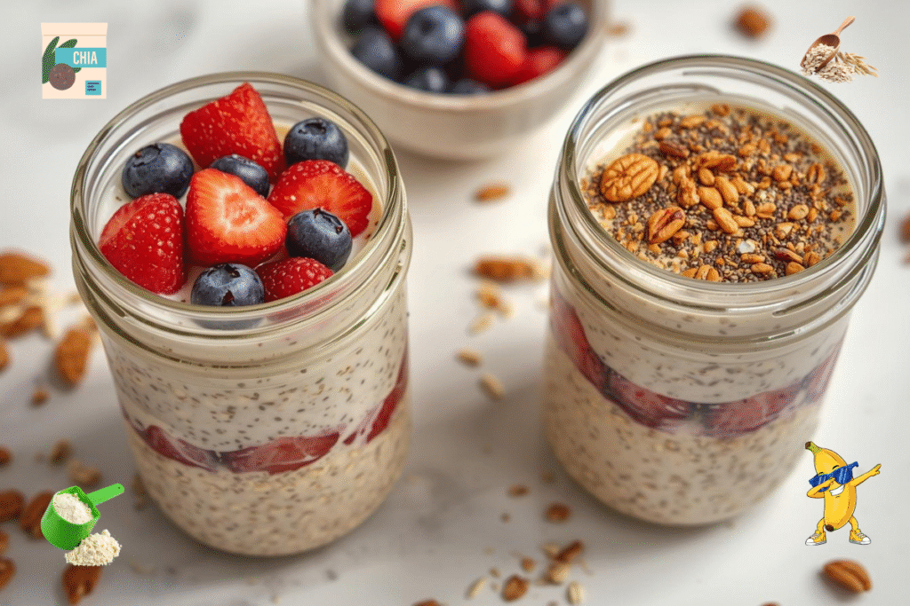 Healthy overnight oats in mason jars topped with fresh strawberries, blueberries, nuts, and seeds—a high-fiber, diabetic-friendly breakfast option.