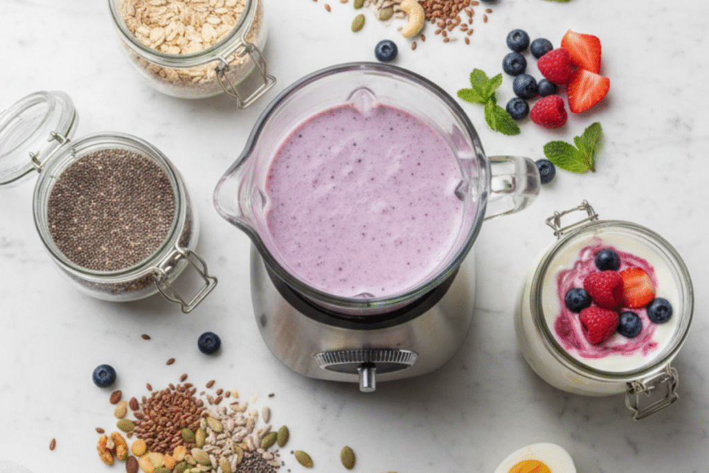 Flat lay of yogurt, chia seeds, nuts, seeds, berries, quinoa, and a smoothie base arranged for making overnight oats, smoothie bowls, power bowls, and other balanced, blood-sugar-friendly breakfasts.
