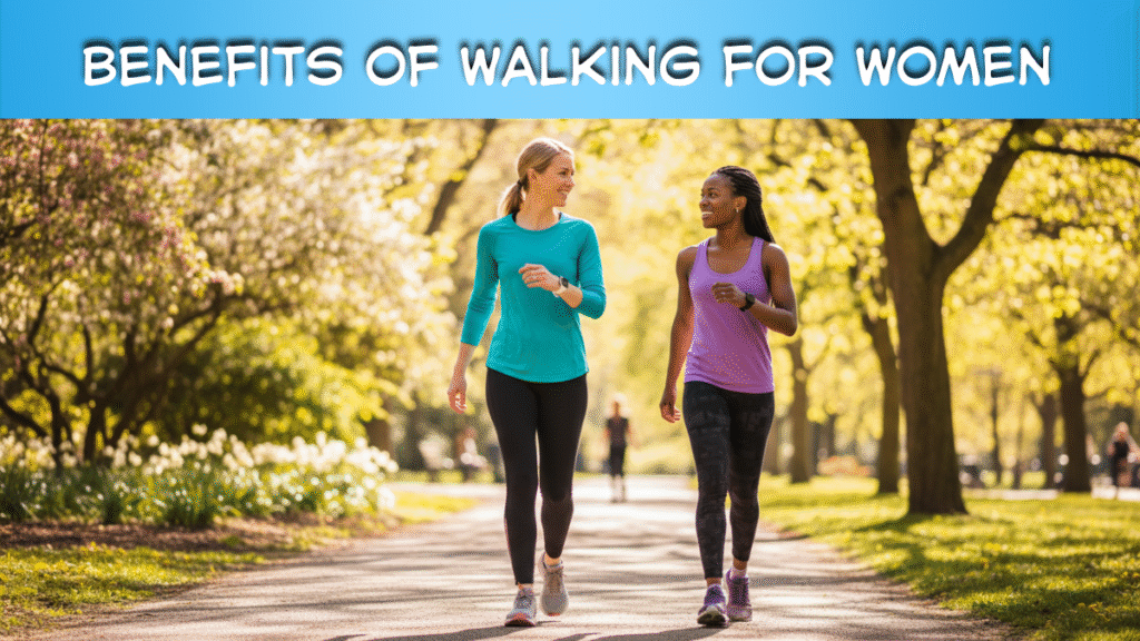 Two women walking together in a park representing the benefits of walking for women.