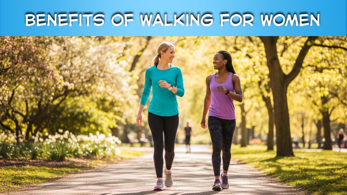 Two women walking together in a park representing the benefits of walking for women.