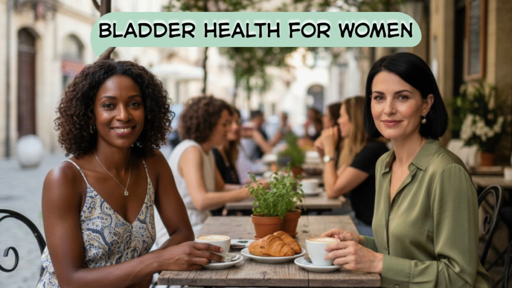two women eating brunch at a outdoor cafe—comfortable and confident with their bladder health.
